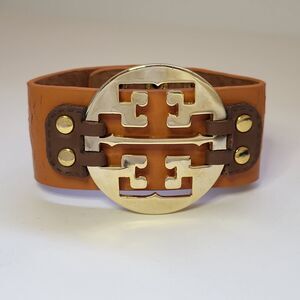 Wardani NY Tan Genuine Leather Snap Cuff Bracelet Gold Plated Emblem Signed